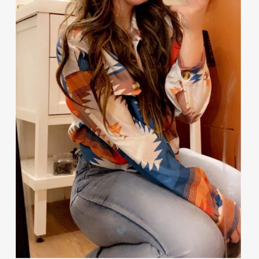 Tribal Western Print Button Down Oversized Jacket Shacket - Picture 3 of 10